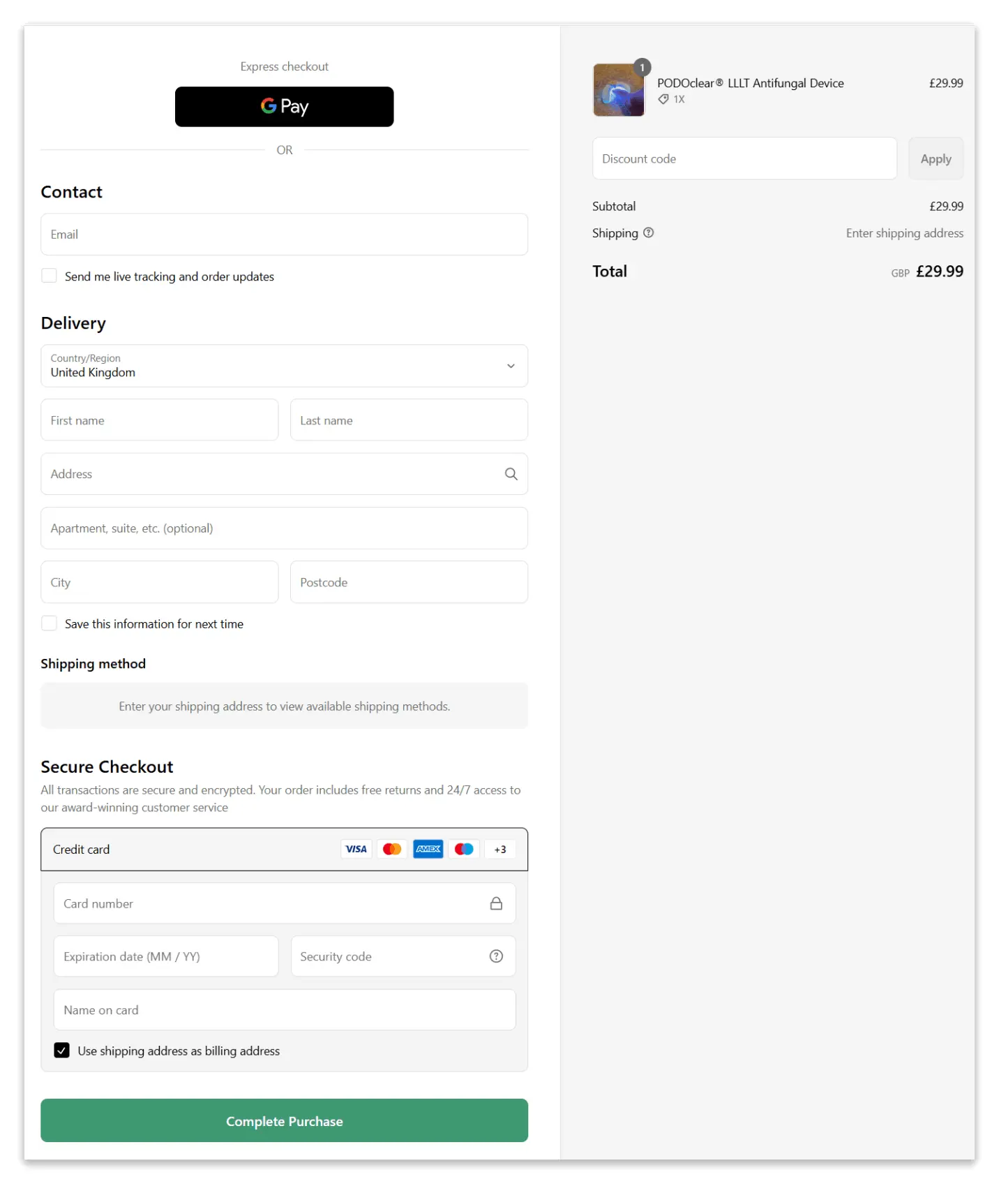 Sichere Checkout-Seite für das PODOclear LLLT Anti-Pilz-Gerät